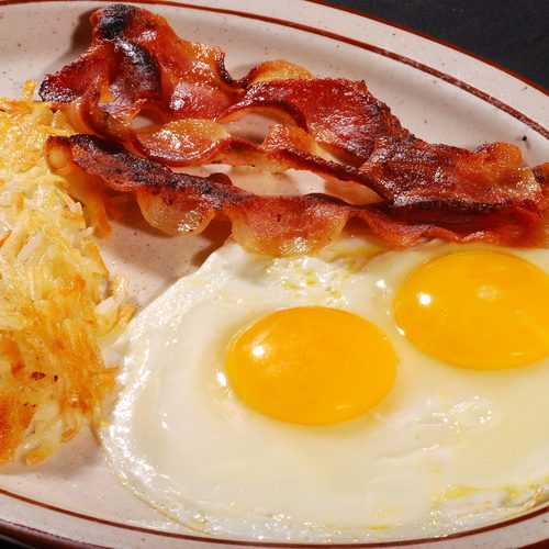Bob's Breakfast, a diner plate with hash browns, eggs and bacon